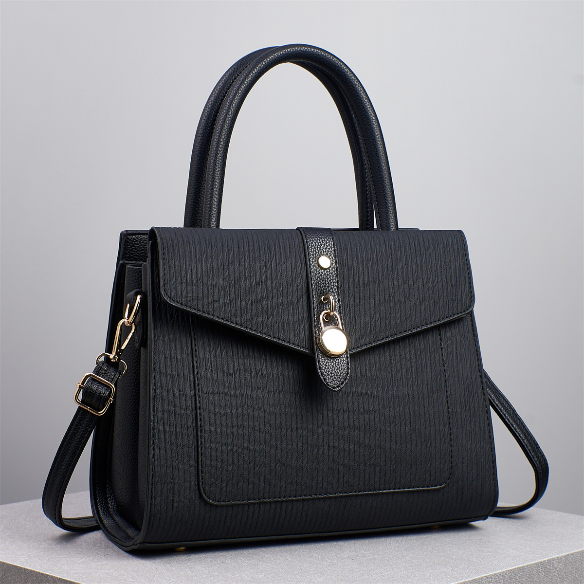 Textured Leather Satchel Crossbody Handbag with Gold Hardware